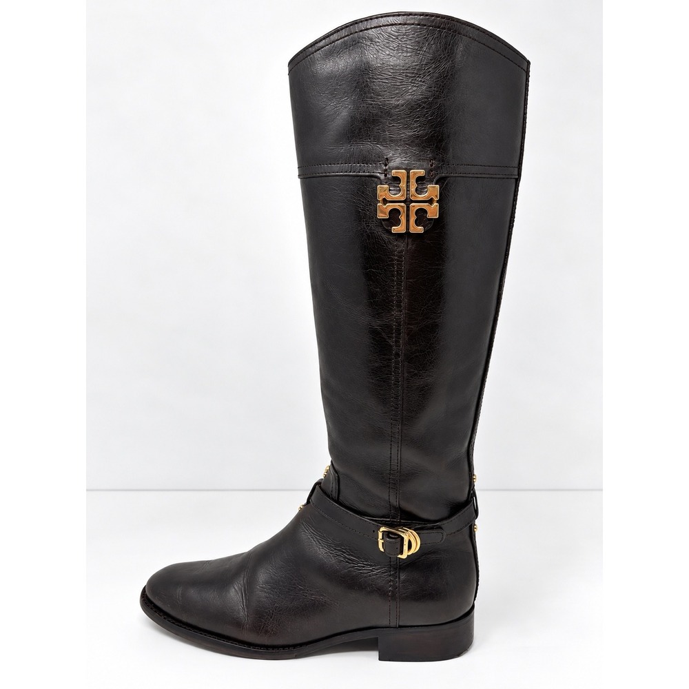 Tory Burch Eloise Dark Brown Leather Knee High Riding Boots Gold Logo 10M